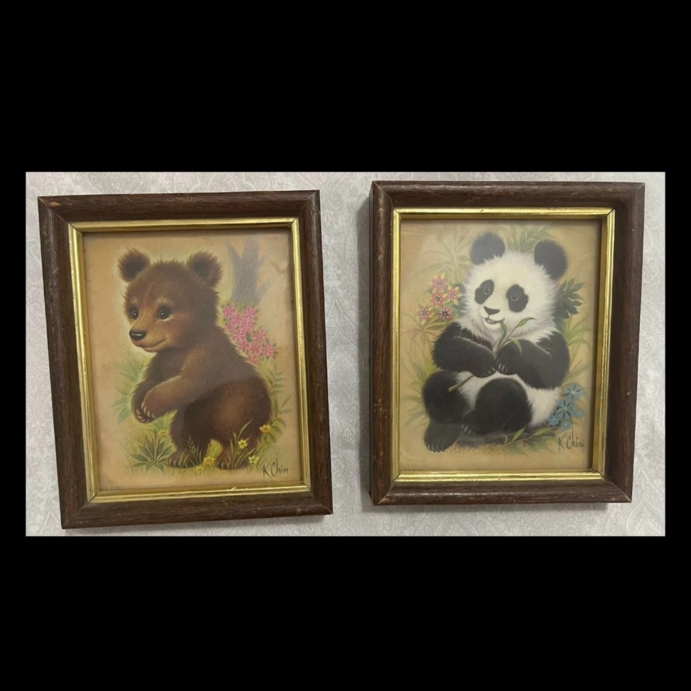 Set Of 2- VINTAGE K. Chin Prints -Panda & Brown Bear cub: 4”x6” SUPER